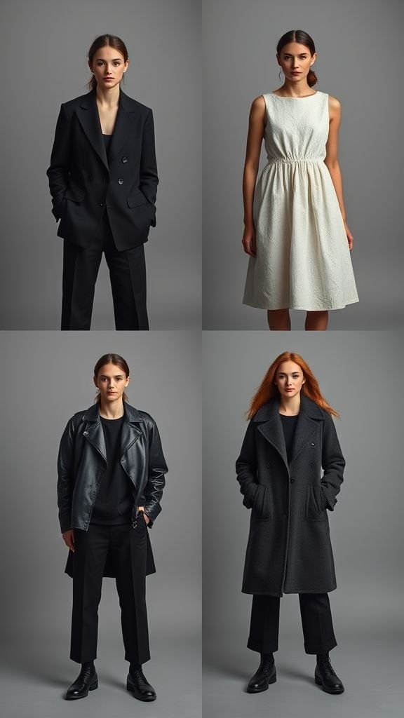 All Black Outfit: Timeless Sophistication in Every Style 10 Four seasonal all-black outfits for spring, summer, autumn, and winter displayed side by side.