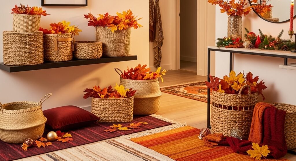 16 Functional Entryway Organization Tips for Everyday Living 16 Entryway decorated for fall with seasonal baskets, rugs, and warm tones.
