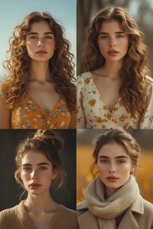 Trendy Fashion & Hairstyle Ideas for a Modern Look 3 Seasonal hairstyle and fashion combinations reflecting spring, summer, autumn, and winter trends.