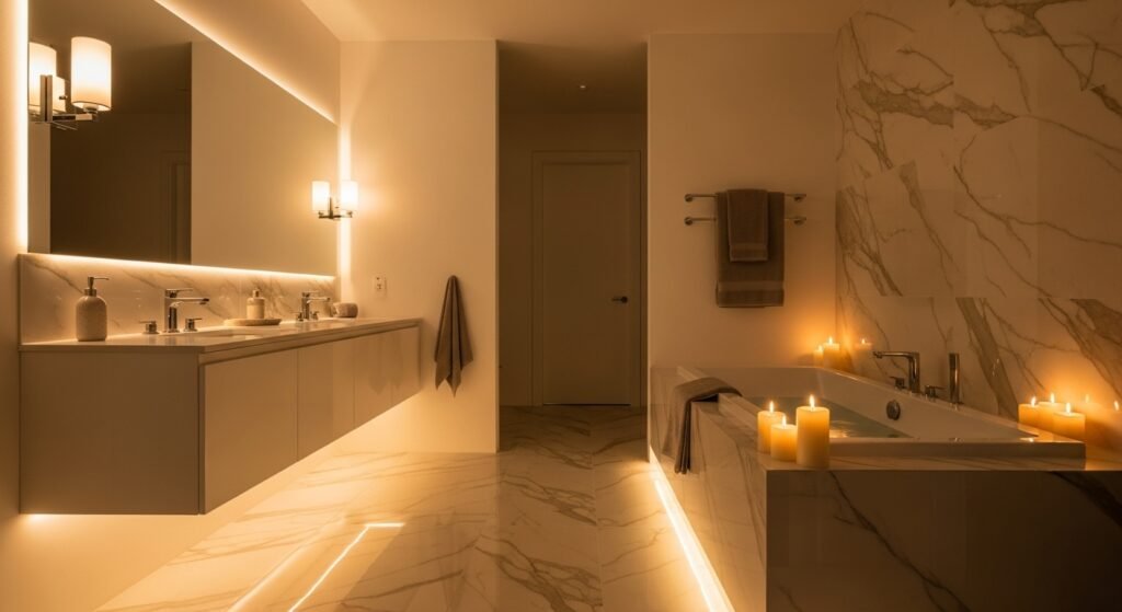 Luxury Bathroom & Shower Design Ideas 5 Bathroom with ambient lighting and warm glow for a relaxing atmosphere.