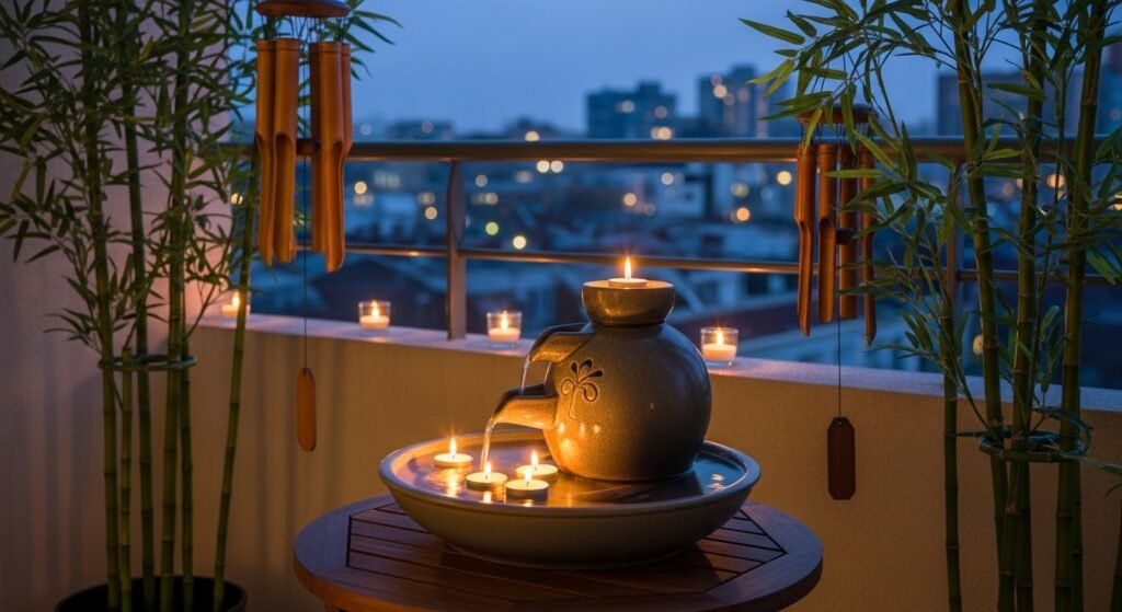 16 Stylish Balcony Ideas to Elevate Your Home Design 14 Balcony with tabletop fountain and bamboo decor under soft candlelight.