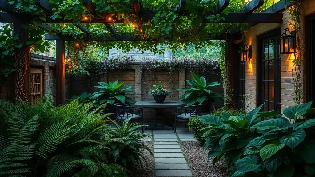 Lush shaded patio garden with vines and soft lighting.
