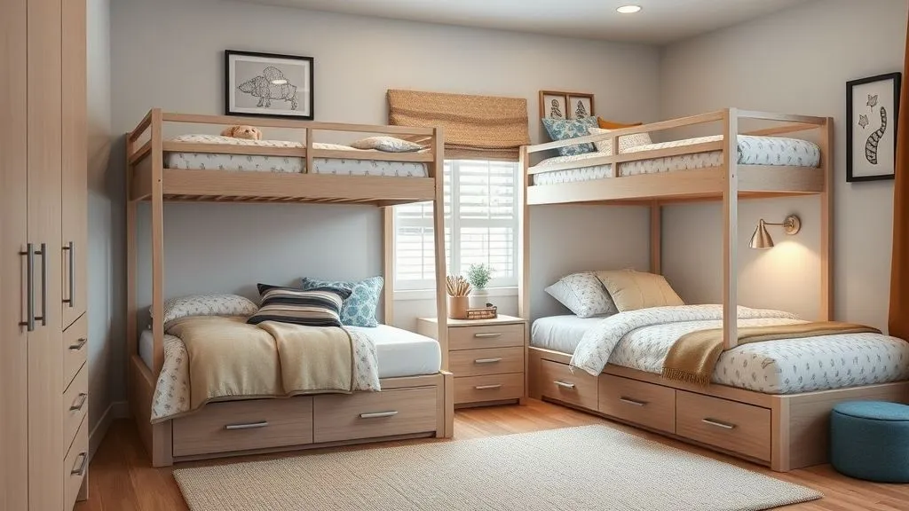 Shared kids room with sleek bunk beds, matching bedding, and organized drawers.