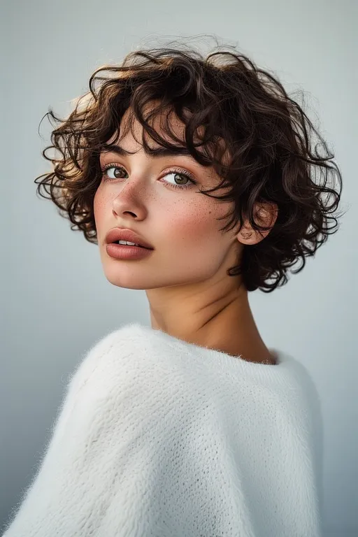 Short curly hairstyle highlighting modern, confident style.
