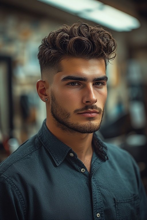 Curly Hair Men’s Styles 3 Stylish man with short curly fade hairstyle and sharp clean edges.