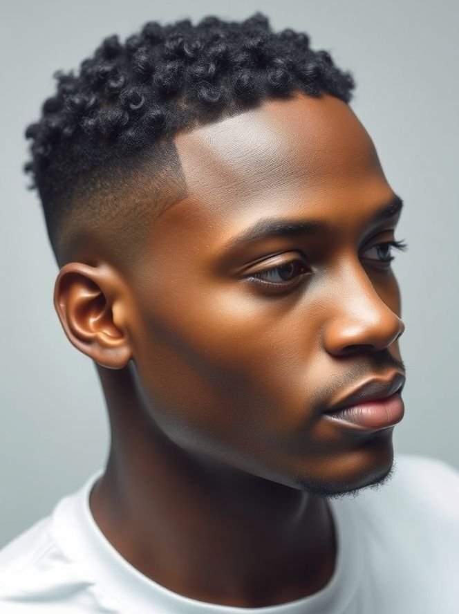 Curly Hair Men’s Styles 7 Hyper-realistic photo of a man with short, tight curls and a defined haircut.