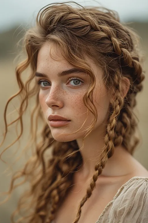 Braided & Curly Hairstyles 7 Woman with voluminous curly hair styled with a detailed side braid for a youthful, trendy look.