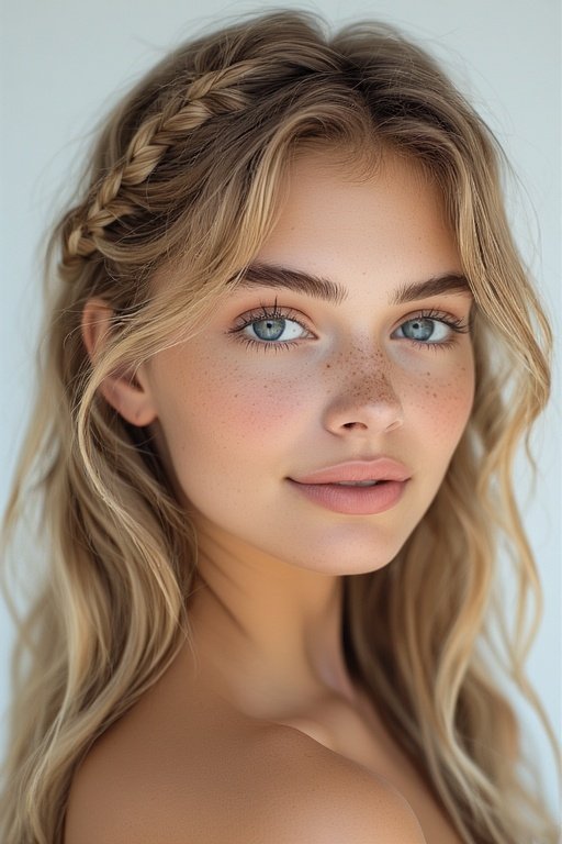 Side braid with flowing curls creating an asymmetrical, romantic style.