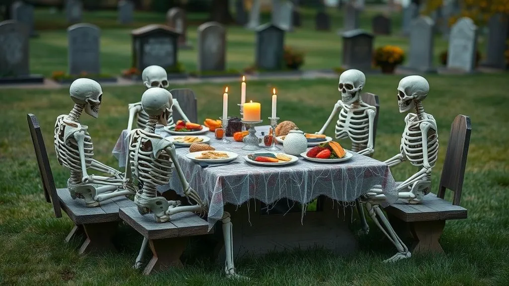 Spooky & Stylish Halloween Outdoor Decorations 11 Skeleton family sitting at a spooky picnic table with Halloween props.