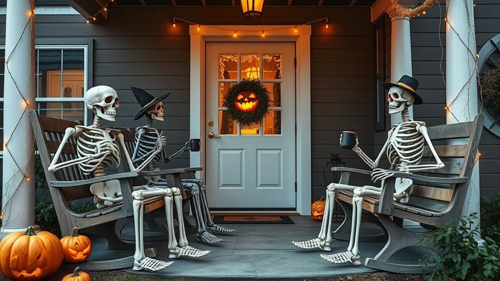 Spooky Halloween Outdoor Decorations 7 Halloween porch with skeleton decorations sitting on chairs surrounded by lights and cobwebs.