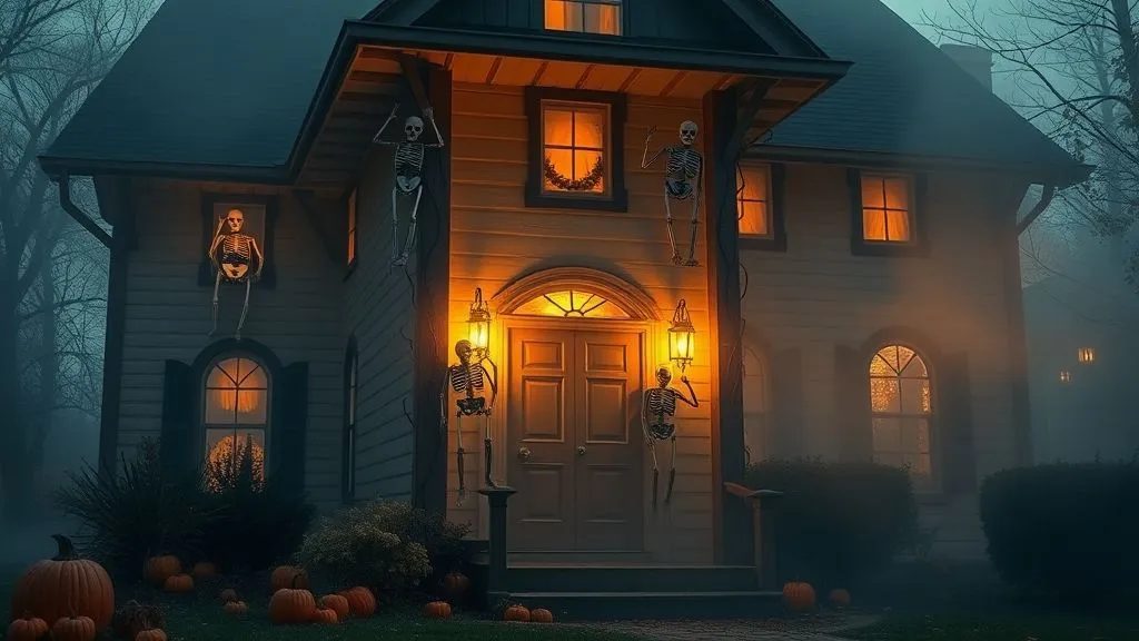 Spooky & Stylish Halloween Outdoor Decorations 21 Halloween house exterior with skeletons climbing the walls and spooky lighting.