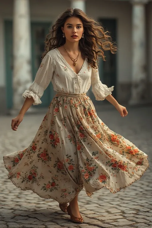 10+Stylish Cute Outfits Summer Fashion Ideas 9 A woman twirling in a floral midi skirt and white blouse, showing playful and elegant summer outfit inspiration.