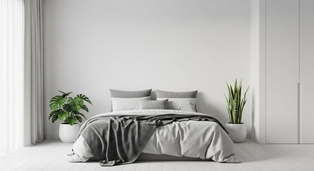16 Dreamy Plant Lover Bedroom Ideas to Inspire Natural Decor 14 Minimal bedroom with symmetrical small plants and neutral decor.