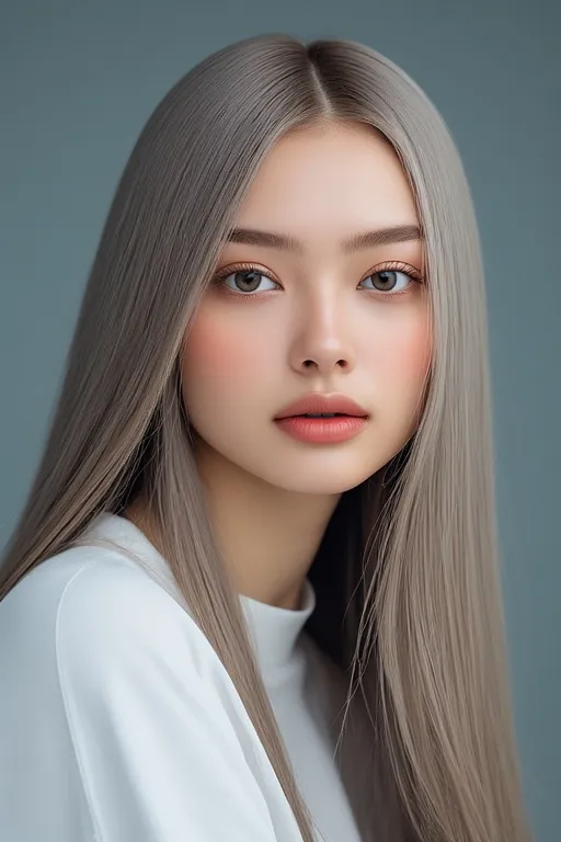 Sleek straight hairstyle with mirror-like shine and clean finish.