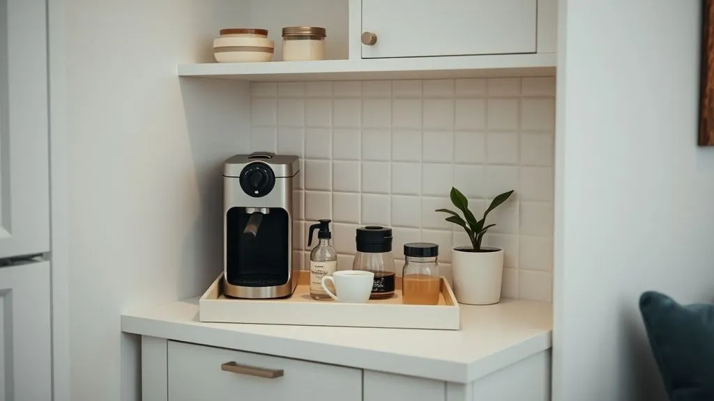 Cozy Coffee Bar Ideas for Every Home 5 Small apartment coffee bar with compact espresso setup and minimal décor on a cozy counter.