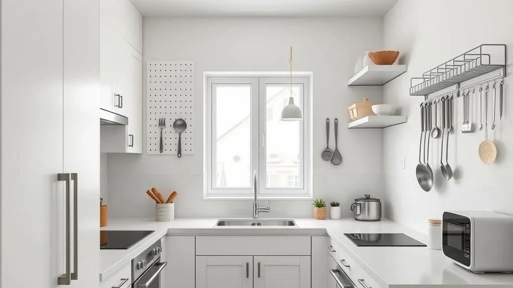 Kitchen Organization Ideas for a Clean and Functional Space 4 Small apartment kitchen with vertical wall storage and bright minimalist design.