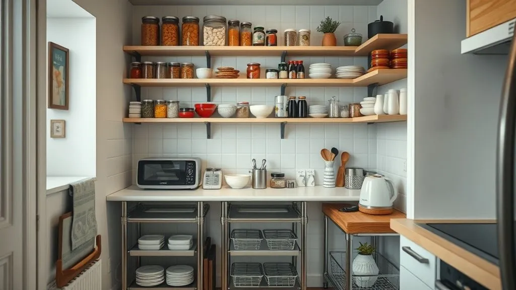 Kitchen and Pantry Organization 21 Full-view small kitchen corner with rolling carts and shelves efficiently storing kitchen items.