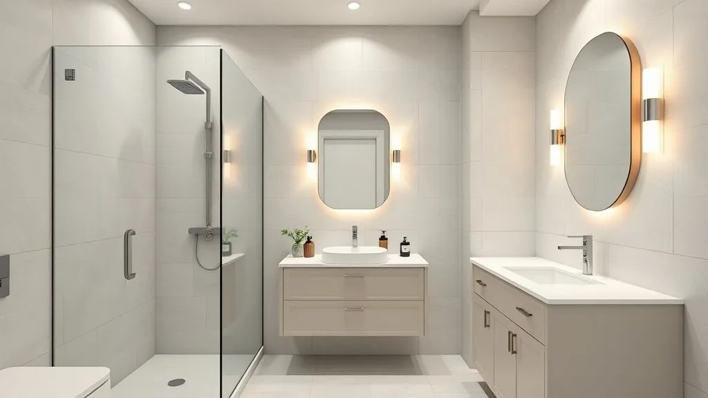 Master Bathrooms with Walk-In Showers 12 Small modern bathroom with corner glass walk-in shower and floating vanity.