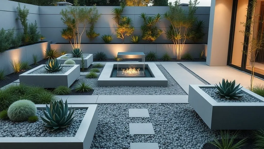 Modern minimalist small garden with geometric planters and succulents.