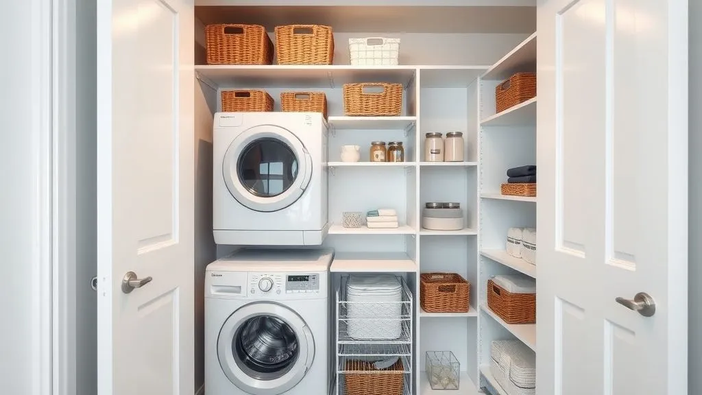 Small laundry closet with stacked washer-dryer and vertical shelves.