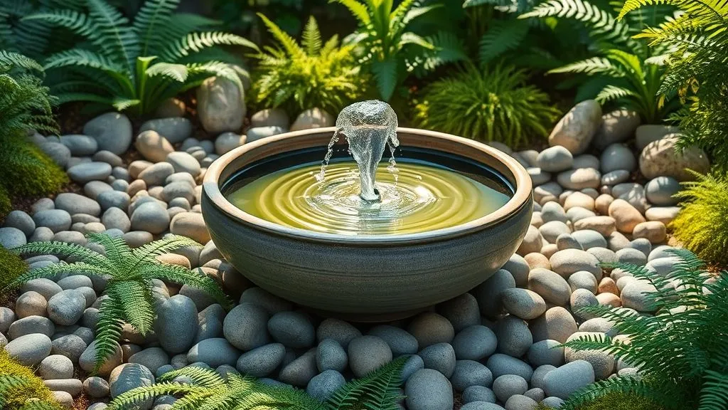 Small garden with ceramic water fountain and lush greenery.