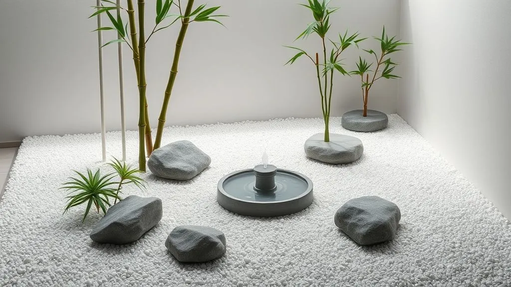 Peaceful small Zen garden with gravel, bamboo, and a water feature.