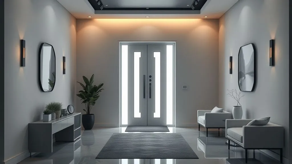 Modern entryway with smart digital lock, motion-sensor lights, and sleek storage.