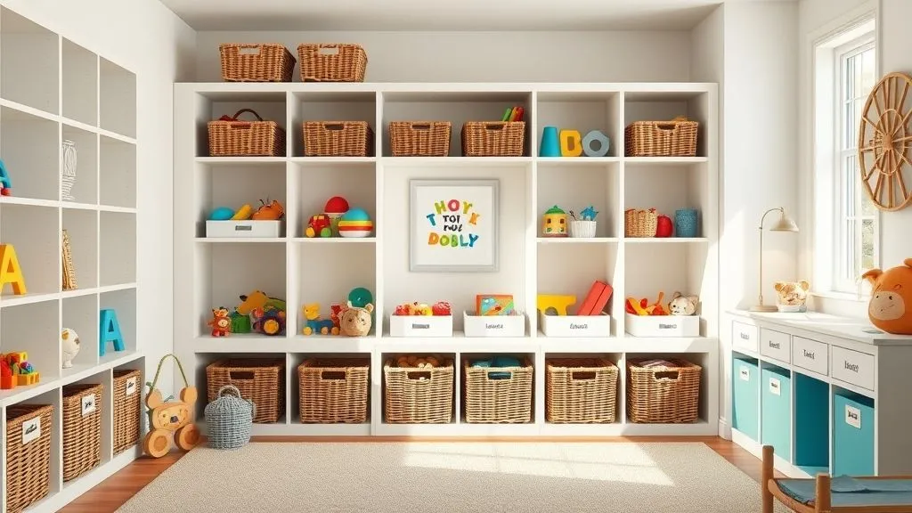 Kids’ playroom with toy storage bins, open cubbies, and natural light.
