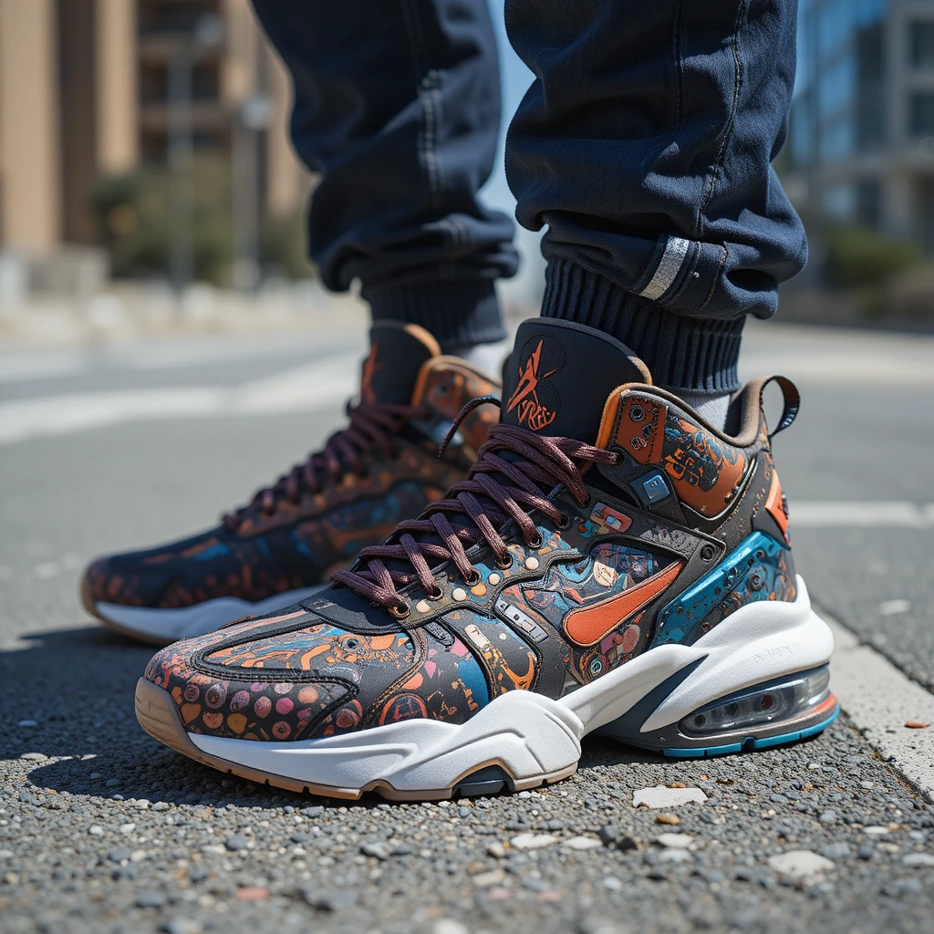 Street Style 2025: The Ultimate Guide to Modern Urban Fashion 4 A stylish model wearing bold, colorful sneakers paired with a trendy streetwear outfit, showcasing the 2025 “Sneakers With Personality” trend that highlights individuality and creative expression through footwear.