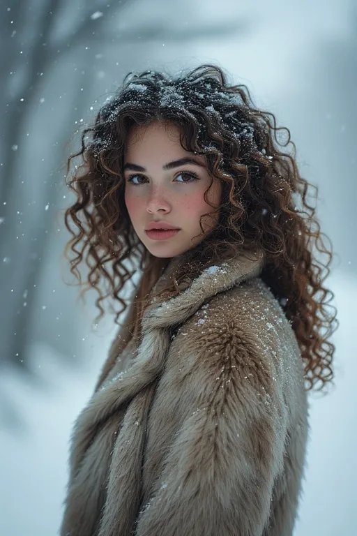 Winter Hairstyle Looks For Cozy And Chic Style 2025 3 Woman with soft curly hairstyle and faux-fur coat posing in light snowfall for a cozy winter look.