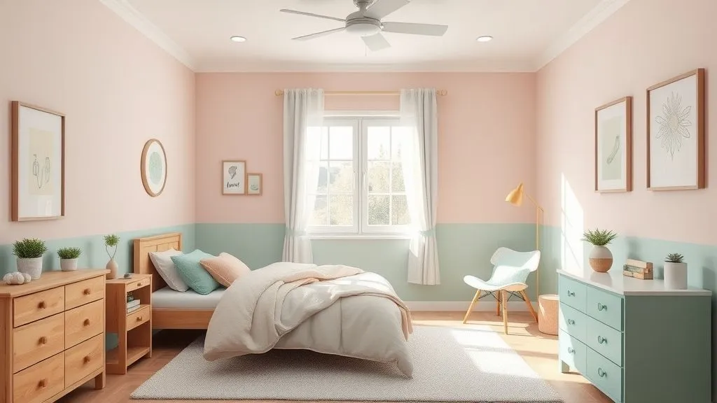 Soft pastel kids’ room with blush pink and mint accents, bright natural light, and cozy bedding.