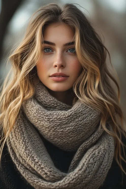 Close-up of soft, natural waves cascading over shoulders, styled effortlessly with a cozy sweater and scarf.