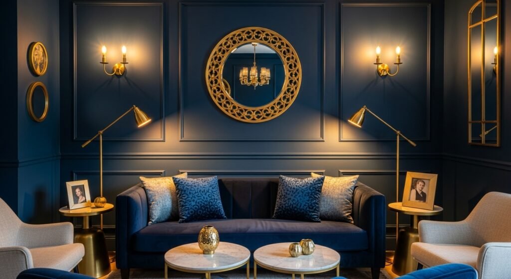 Cozy Home Interiors for Comfort and Timeless Charm 14 A cozy navy blue living room with warm golden lighting and plush furnishings.