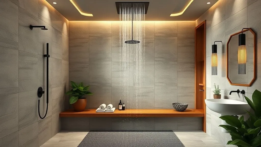 Master Bathrooms with Walk-In Showers 3 Spa-style walk-in shower with rainfall head, stone walls, wood accents, and soft lighting for a relaxing retreat.