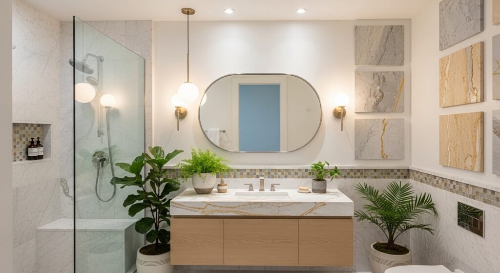 Town House Decorating Ideas: Stylish Tips for Every Space 13 Modern townhouse bathroom with natural stone and greenery.