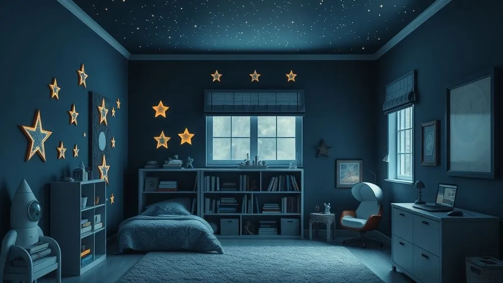 Space-themed kids bedroom with star decals, rocket bookshelf, and astronaut décor.