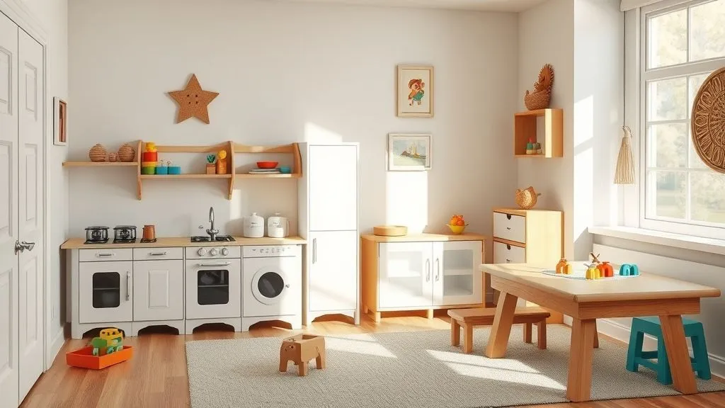 Kids’ play area with kitchen set and creative play space.