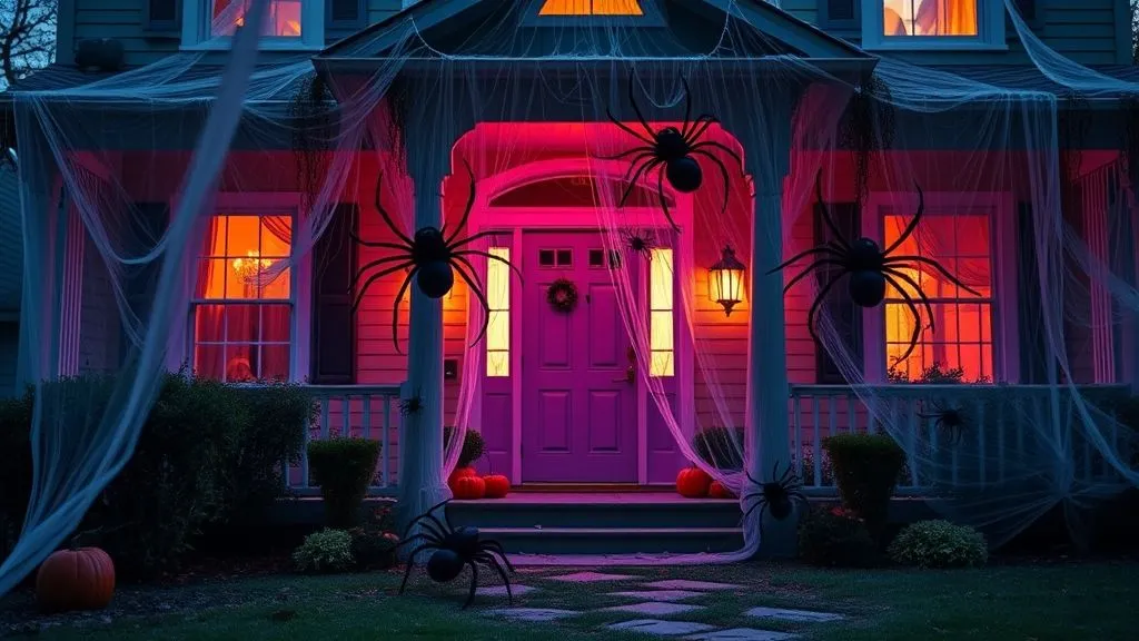 Spooky Halloween Outdoor Decorations 8 House decorated with spider webs, giant spiders, and glowing Halloween lights.