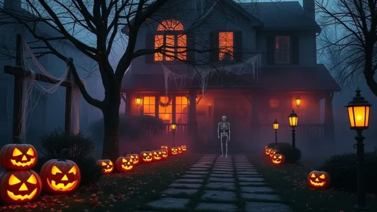 Spooky Halloween outdoor yard with glowing pumpkins, cobwebs, fog, and lanterns around a haunted-style house at night.
