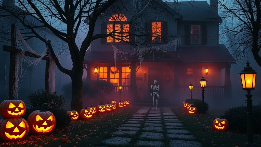 Spooky Halloween outdoor yard with glowing pumpkins, cobwebs, fog, and lanterns around a haunted-style house at night.
