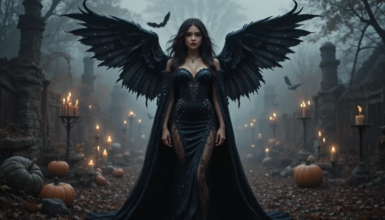 Spooky and stylish Halloween outfit ideas featuring witch, vampire, and fairycore looks with foggy autumn background and glowing pumpkins.