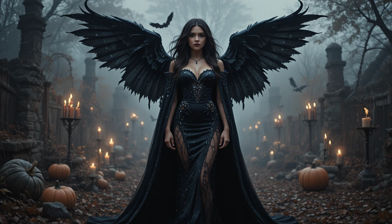 Spooky and stylish Halloween outfit ideas featuring witch, vampire, and fairycore looks with foggy autumn background and glowing pumpkins.