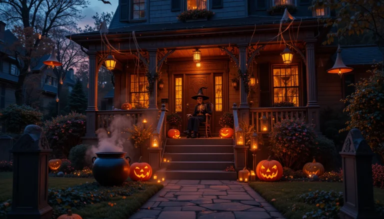 Full-view of a beautifully decorated house exterior with pumpkins, skeletons, lanterns, fog, and glowing Halloween lights for a spooky and stylish setup.