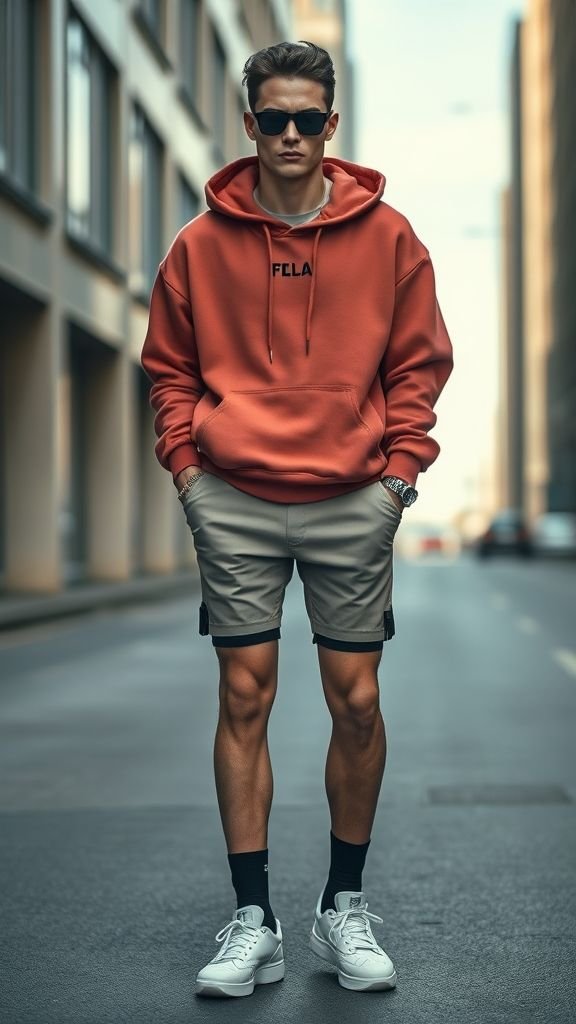 Street Style Looks: Trendy Outfit Ideas for Everyday Fashion 9 Street style biker shorts with oversized hoodie and sleek sunglasses for a sport-luxe look