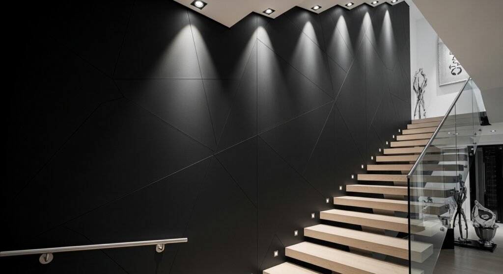 Creative Staircase Transformation Ideas 10 Staircase with a bold black feature wall and modern lighting.