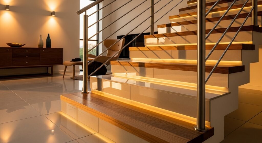 Creative Staircase Transformation Ideas 11 Modern staircase combining metal, wood, and tile materials.