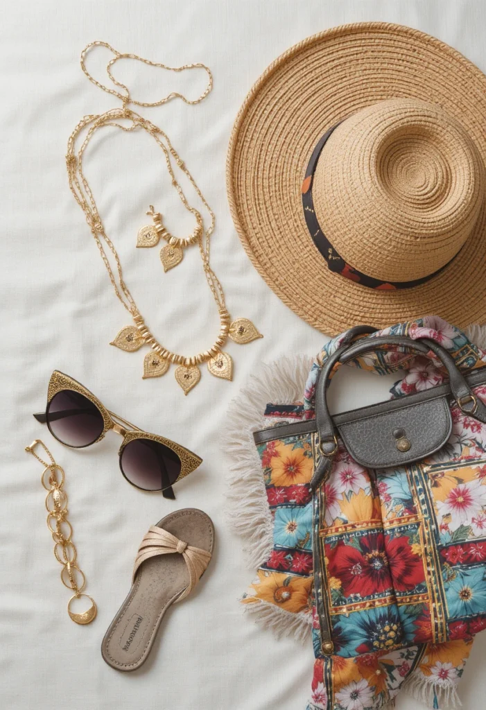 10+Chic Summer Style Inspiration Ideas 9 Stylish summer accessories including straw hat, sunglasses, and gold jewelry laid out for a chic sunny look.