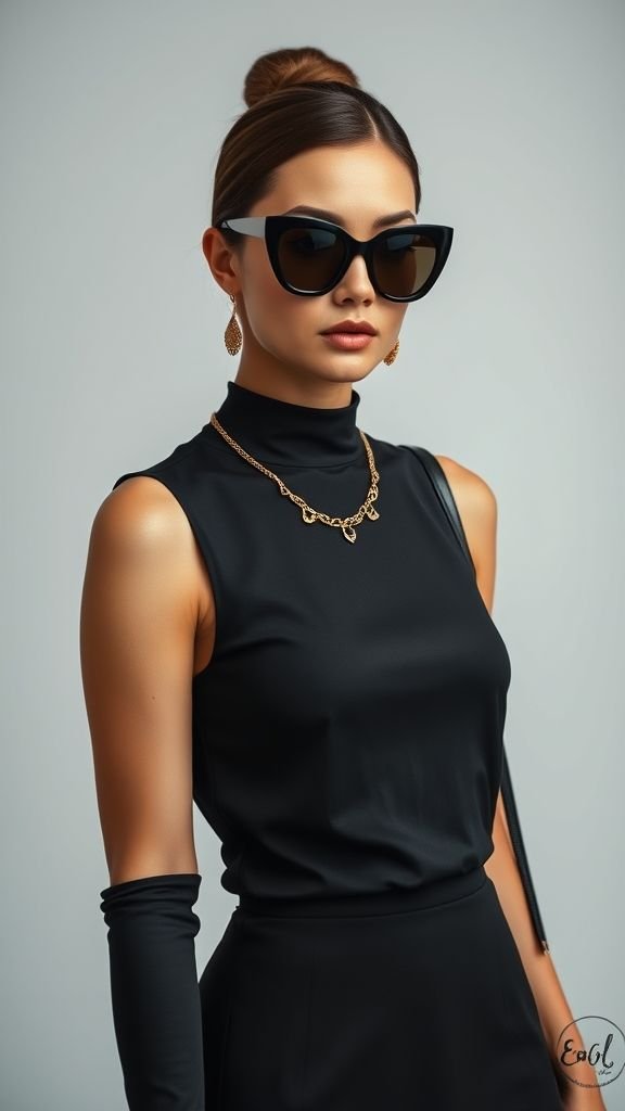 Elegant All Black Outfit Trends 11 All-black outfit elevated with statement accessories like sunglasses, jewelry, and leather bag