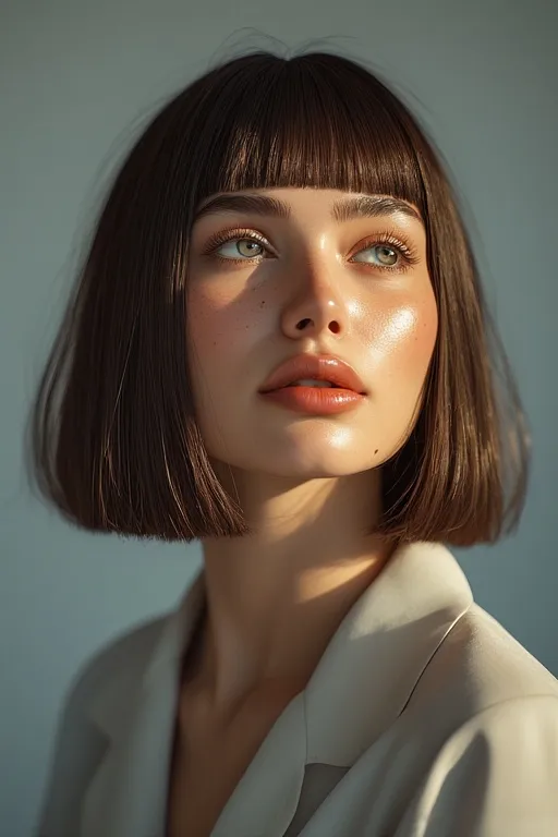 Modern fashion and style 6 Woman with blunt bangs showcasing trendy fashion hairstyle.