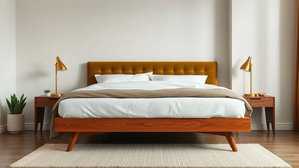 Stylish Mid-Century Modern Bedroom Ideas 3 Mid-century bedroom with platform bed, tapered legs, and olive upholstered headboard.